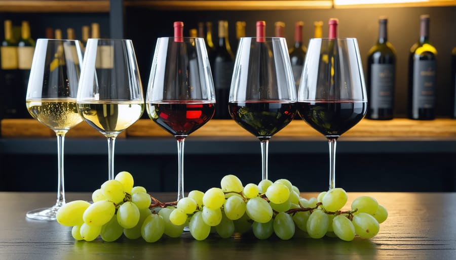 Hand holding smartphone with wine pairing app over restaurant dinner table with wine glass