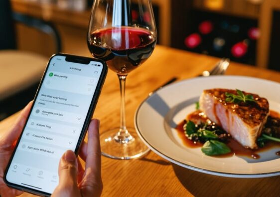 Hand holding a smartphone with a glowing screen next to a glass of red wine and plated meal on a wooden restaurant table, under warm light with blurred wine shelves in the background; no on-screen text visible.