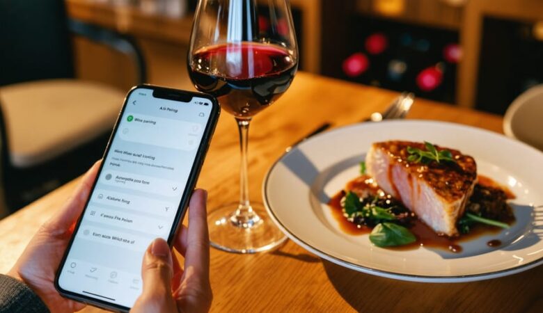 Hand holding a smartphone with a glowing screen next to a glass of red wine and plated meal on a wooden restaurant table, under warm light with blurred wine shelves in the background; no on-screen text visible.