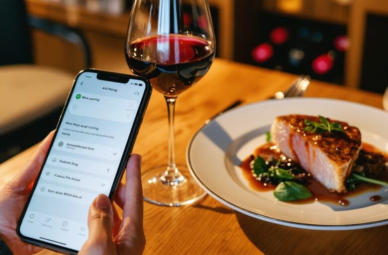 Hand holding a smartphone with a glowing screen next to a glass of red wine and plated meal on a wooden restaurant table, under warm light with blurred wine shelves in the background; no on-screen text visible.