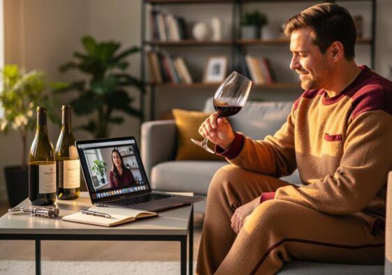 Person in loungewear swirling a glass of red wine at a coffee table with unlabeled bottles, notebook, and an open laptop showing a video lesson, in a warmly lit living room.