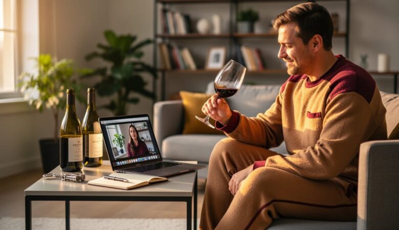 Person in loungewear swirling a glass of red wine at a coffee table with unlabeled bottles, notebook, and an open laptop showing a video lesson, in a warmly lit living room.