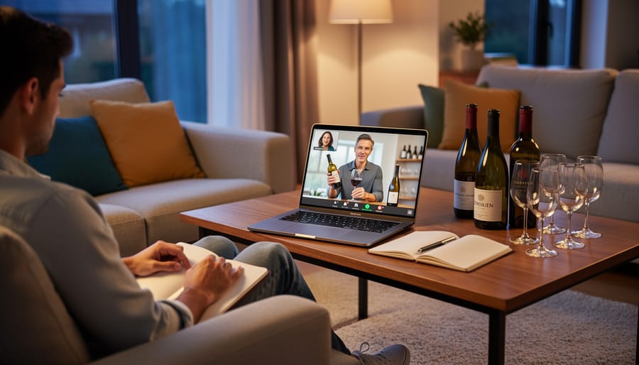 Woman comfortably learning about wine at home with laptop and wine glass