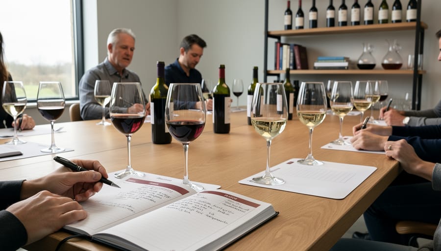Overhead view of organized wine tasting setup with journal, glass, and tasting tools