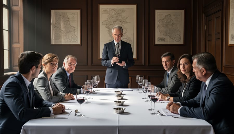 Empty formal wine classroom with rows of wine glasses and white tablecloths