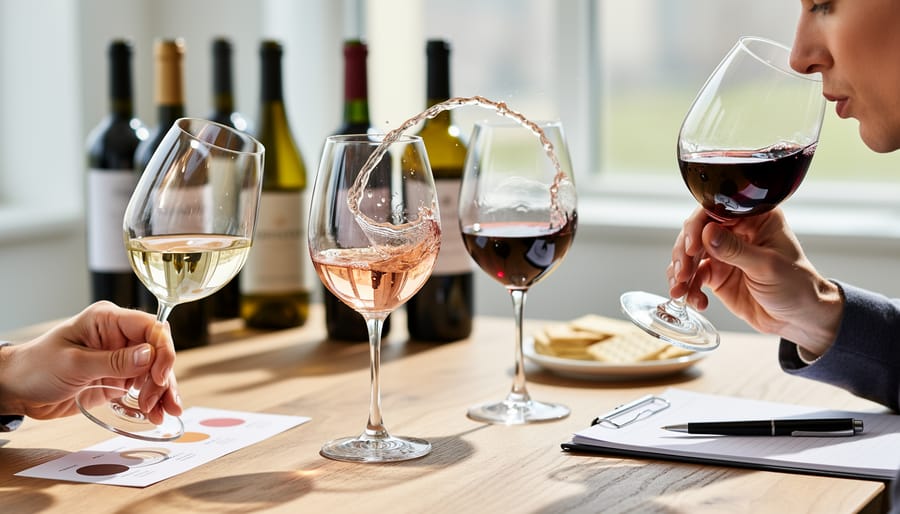 Array of wine glasses containing different varieties from white to red wines