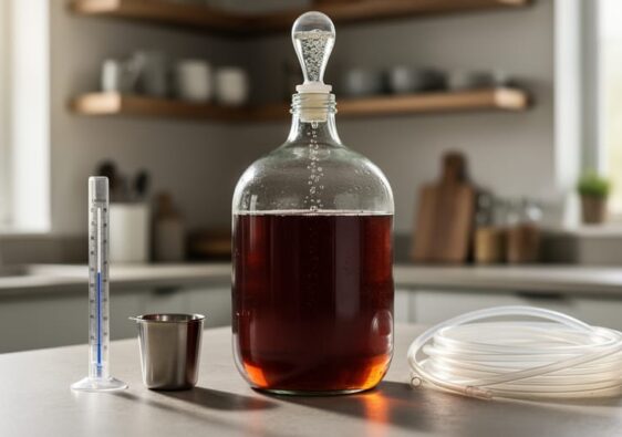 Clear fermentation carboy with airlock bubbling next to a hydrometer and other winemaking tools on a clean kitchen countertop.