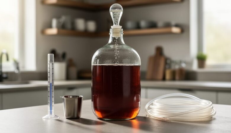 Clear fermentation carboy with airlock bubbling next to a hydrometer and other winemaking tools on a clean kitchen countertop.