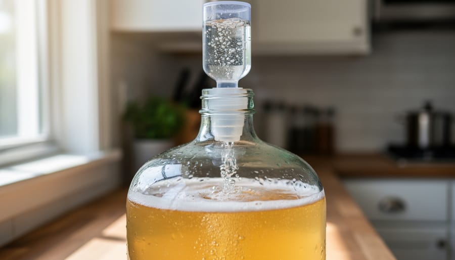 Glass carboy with bubbling airlock indicating active wine fermentation