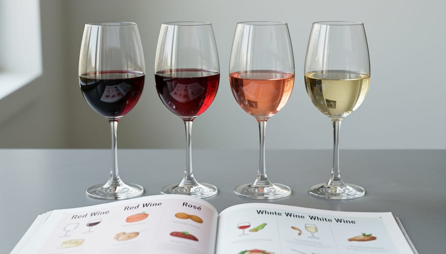 Three wine glasses containing red, white, and rosé wine on a wooden tasting table