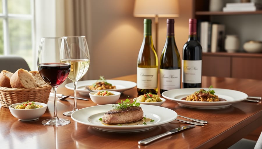 Wine bottle and two glasses beside a plated dinner of roasted chicken and vegetables on a dinner table