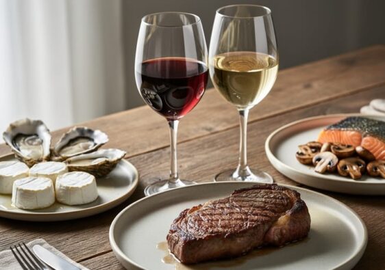 Styled dinner table featuring two glasses of wine next to marbled ribeye steak, goat cheese and oysters, and salmon with mushrooms under soft natural light.
