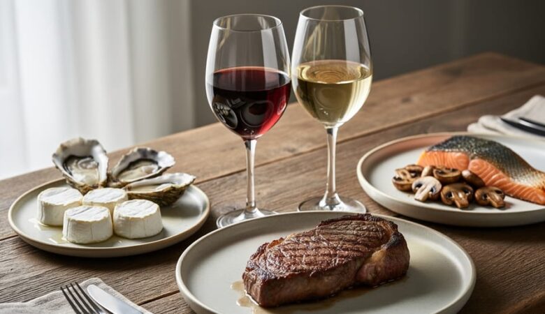 Styled dinner table featuring two glasses of wine next to marbled ribeye steak, goat cheese and oysters, and salmon with mushrooms under soft natural light.