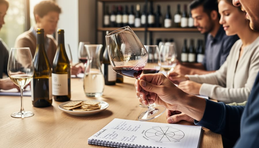 Hands holding olives and cheese during a wine tasting with a wine bottle blurred in the background
