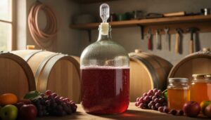 A 5-gallon glass carboy with airlock fermenting, placed in a rustic cellar beside grapes and honey for home wine making.