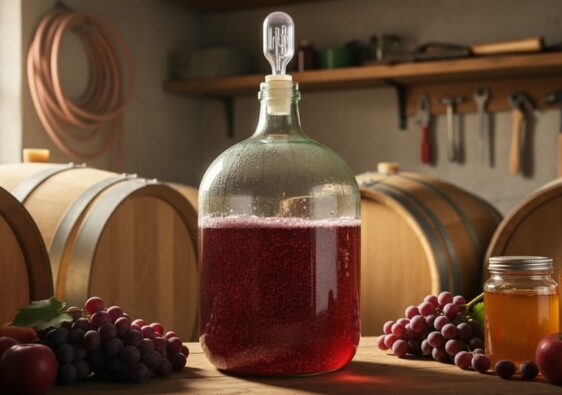 A 5-gallon glass carboy with airlock fermenting, placed in a rustic cellar beside grapes and honey for home wine making.