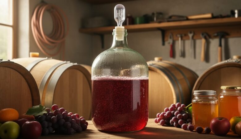 A 5-gallon glass carboy with airlock fermenting, placed in a rustic cellar beside grapes and honey for home wine making.