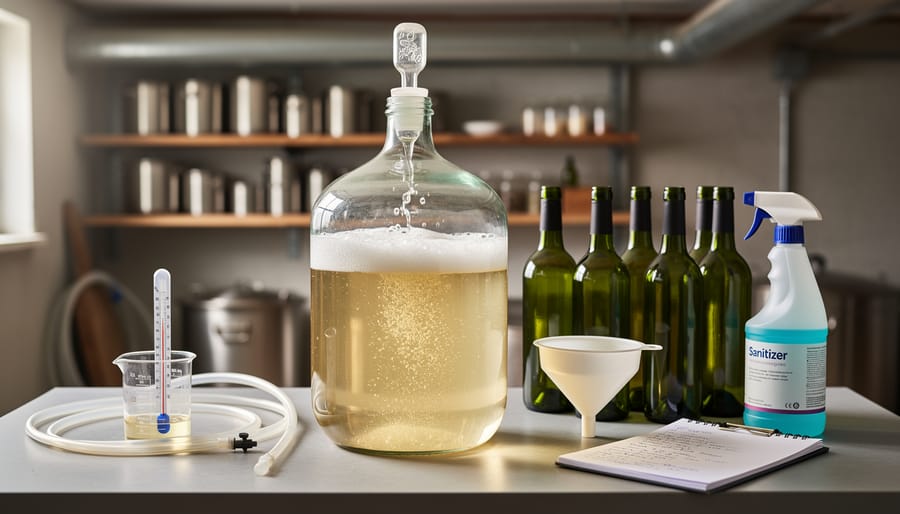Clear 5-gallon glass fermentation carboy with an airlock bubbling on a wooden workbench