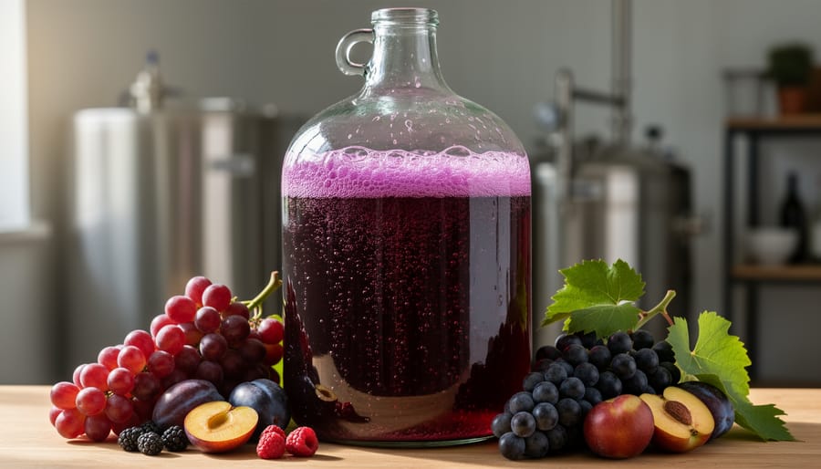 Close-up of deep red fermenting wine in a 5-gallon vessel with visible foam cap