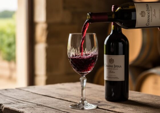 A crystal glass with a ruby pour of Italian red wine beside an open wine bottle on a rustic wooden table with a softly blurred vineyard background.