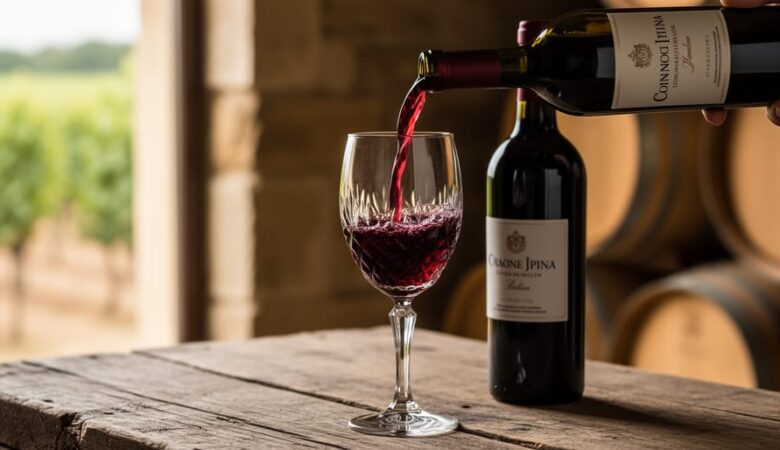 A crystal glass with a ruby pour of Italian red wine beside an open wine bottle on a rustic wooden table with a softly blurred vineyard background.