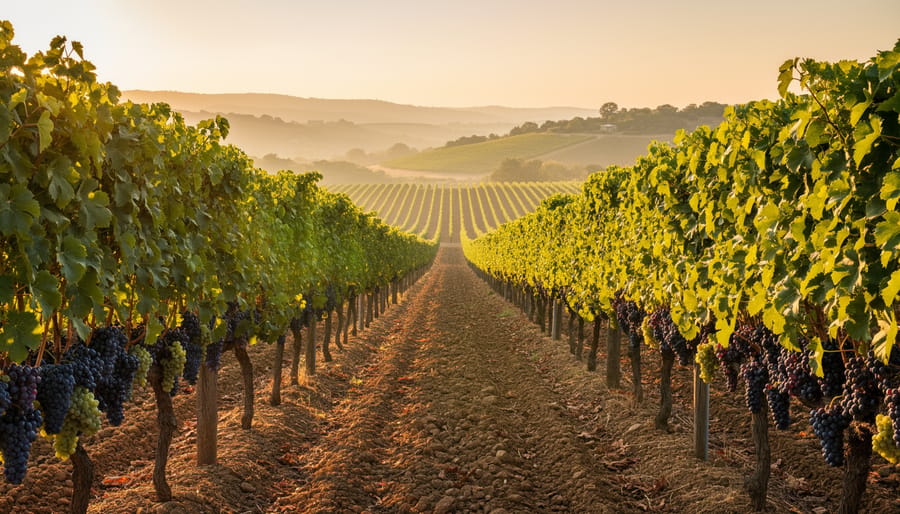 Italian vineyard grapevines in the countryside with golden hour sunlight