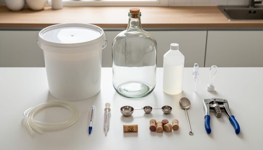 Overhead view of home winemaking tools including hydrometer, measuring cylinder, tubing, and sanitizer on a work table