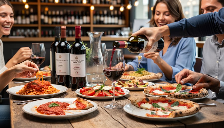 People tasting Italian red wine at a cozy table with food nearby