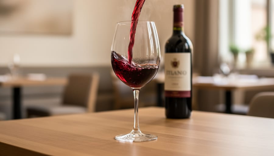 Ruby-red Italian wine being poured from a bottle into a glass on a dining table