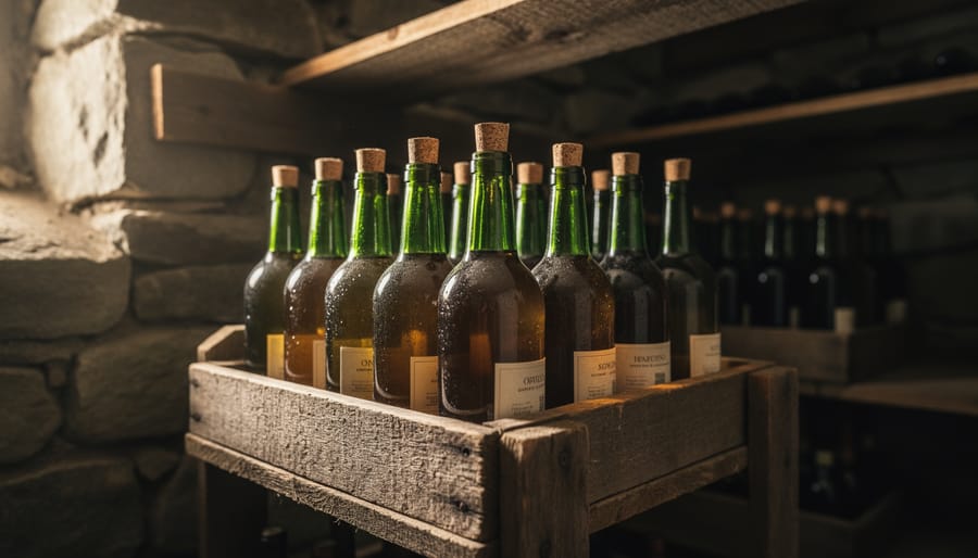 Wine bottles corked and aging on cellar shelves under warm light