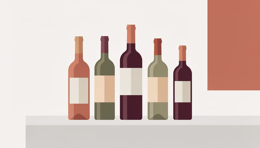 Wine bottles styled with olives and Parmesan on a tablecloth in bright daylight