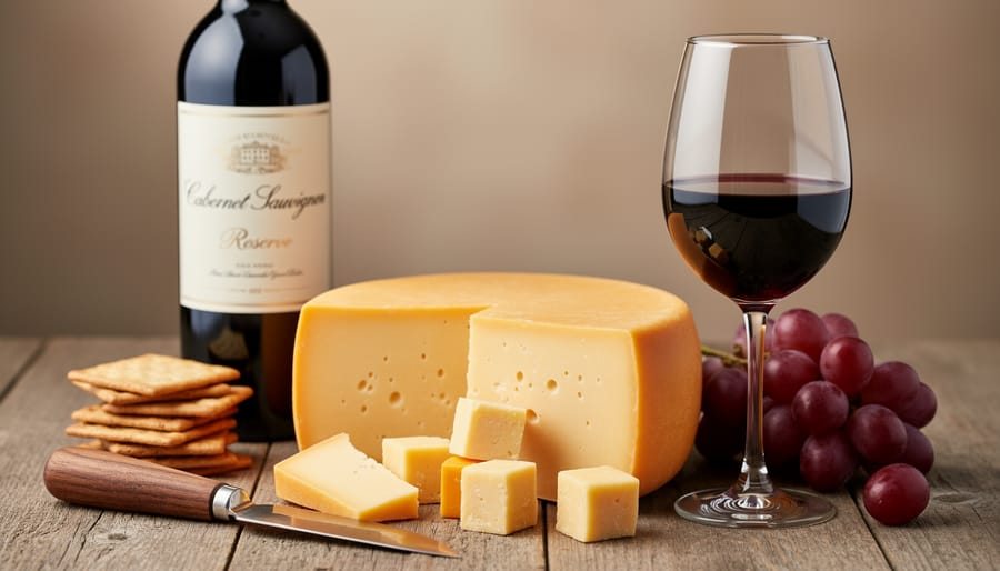 Cheese board with aged cheddar and Cabernet Sauvignon in a wine tasting arrangement