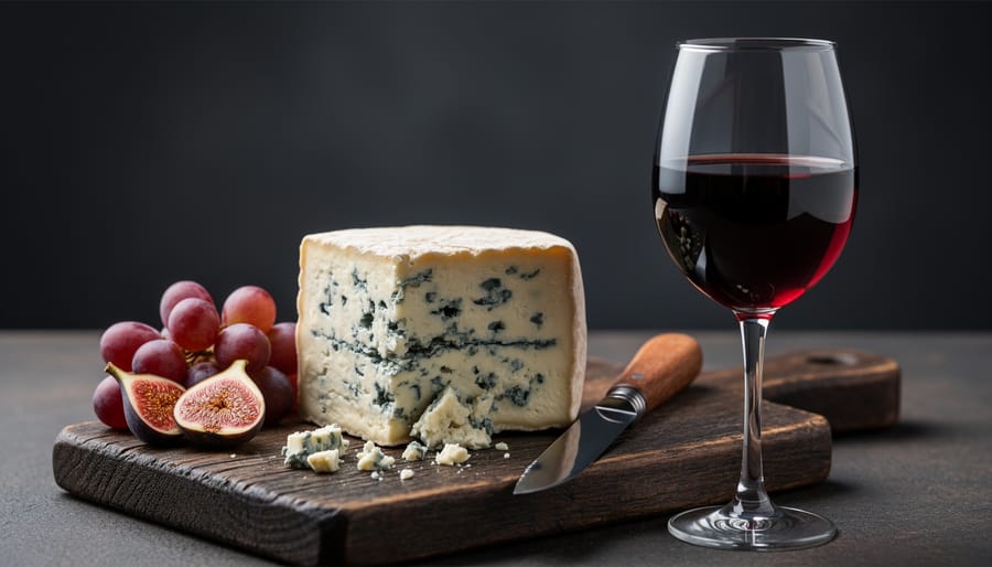 Blue cheese with Port wine in a rustic tasting setup