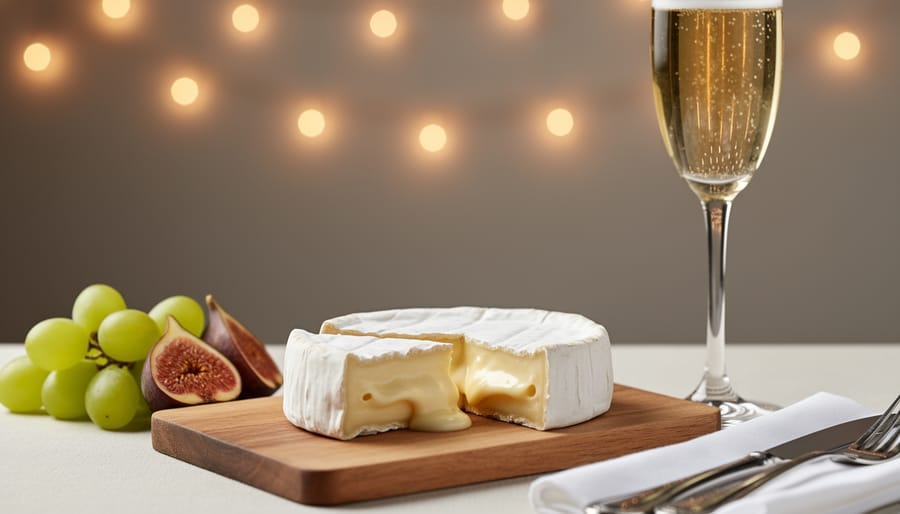 Brie cheese with Champagne flutes and berries on a wooden board