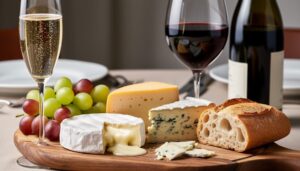Close-up of a wooden cheese board with Brie, aged cheddar, and blue cheese, paired with Champagne and Cabernet glasses, grapes, and baguette on a rustic table.