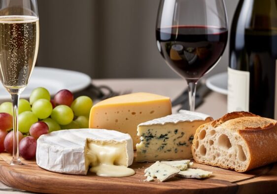 Close-up of a wooden cheese board with Brie, aged cheddar, and blue cheese, paired with Champagne and Cabernet glasses, grapes, and baguette on a rustic table.