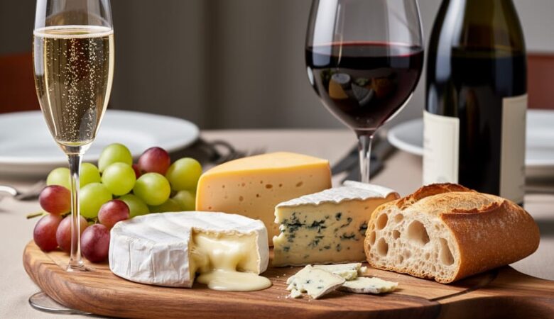 Close-up of a wooden cheese board with Brie, aged cheddar, and blue cheese, paired with Champagne and Cabernet glasses, grapes, and baguette on a rustic table.