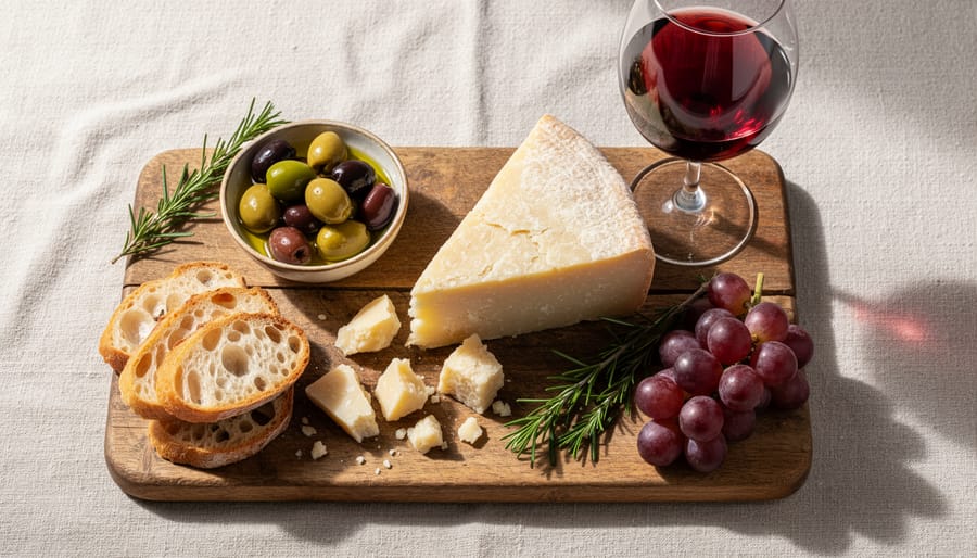 Pecorino Romano with a glass of Sangiovese on a rustic table with bread and serving tools