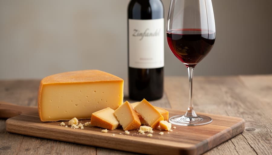 Aged gouda cheese and honey on a wooden board paired with a glass of zinfandel