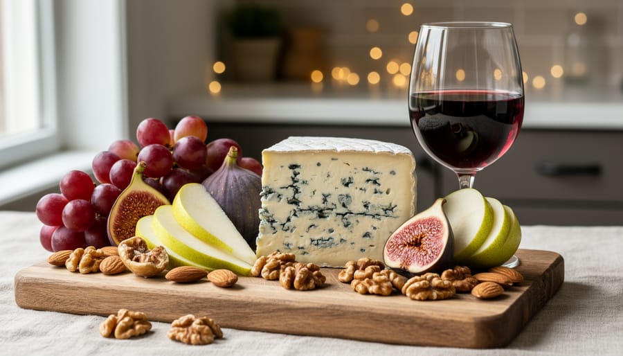 Mild blue cheese with pears and walnuts next to a glass of zinfandel