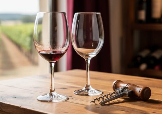 Empty stemmed wine glasses and a corkscrew on a wooden table with softly blurred vineyard background.