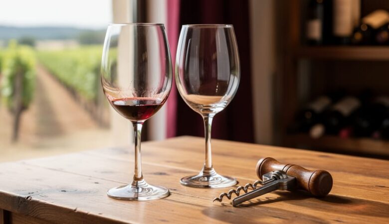 Empty stemmed wine glasses and a corkscrew on a wooden table with softly blurred vineyard background.