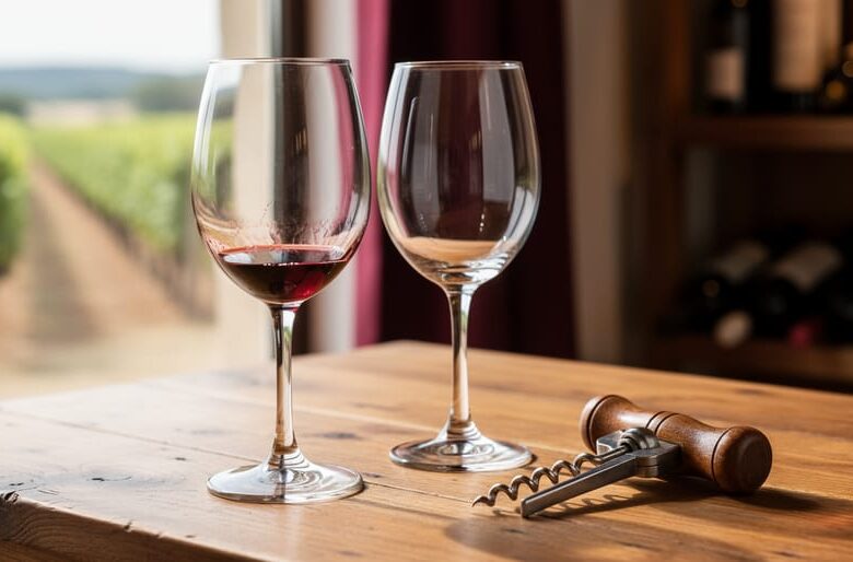 Empty stemmed wine glasses and a corkscrew on a wooden table with softly blurred vineyard background.