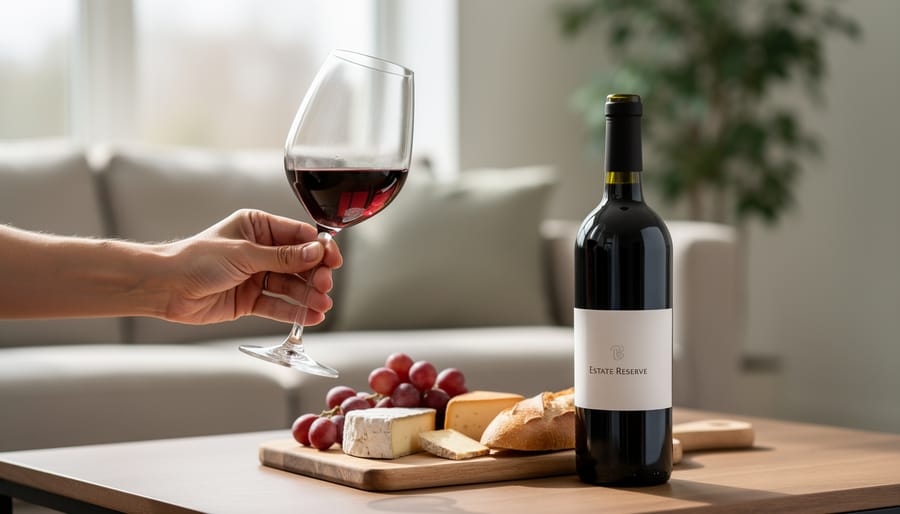 Empty stemmed wine glasses and a corkscrew on a wooden tasting table with blurred vineyard background