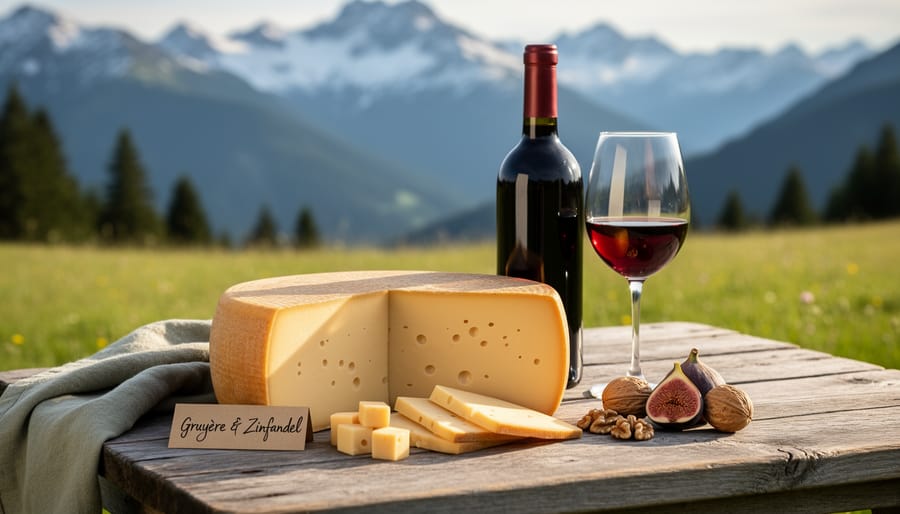 Gruyère cheese shavings with a glass of zinfandel in an alpine-themed setting
