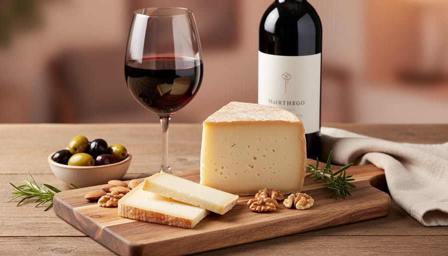 Manchego cheese slices with olives and a glass of zinfandel in warm Spanish-style lighting