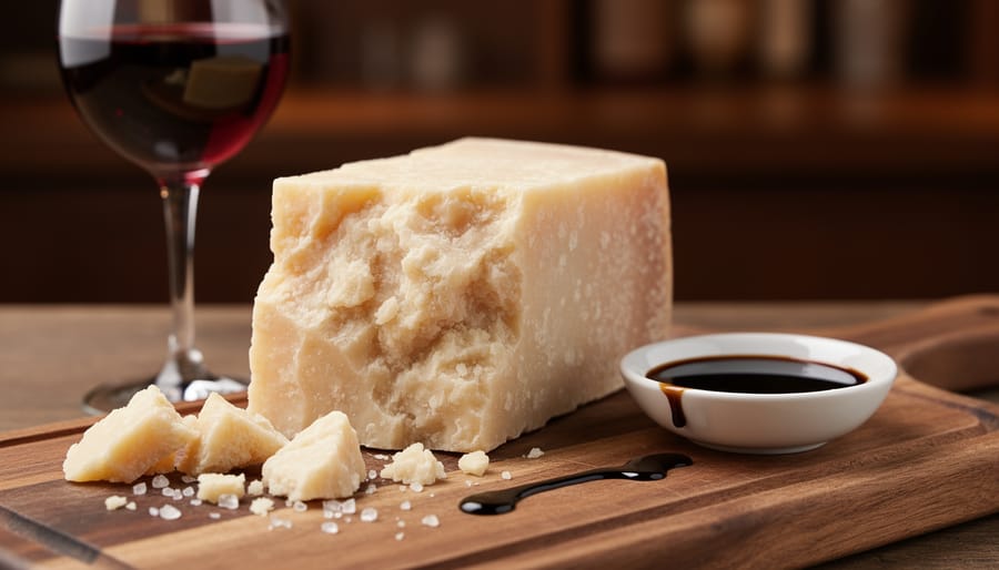 Aged parmigiano-reggiano with balsamic drizzle and a glass of zinfandel on a wooden board