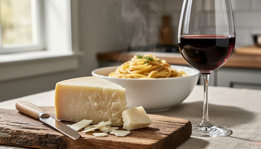 Pecorino romano on a slate board with salt crystals and a glass of zinfandel
