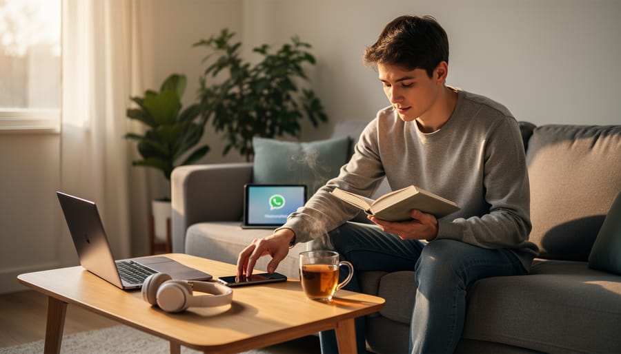 Hands placing a smartphone face-down next to a closed laptop and analog timer on a wooden desk