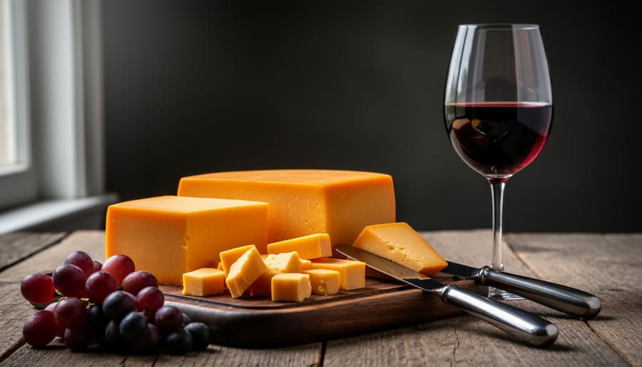 Sharp cheddar on a marble slab with berries and a glass of zinfandel